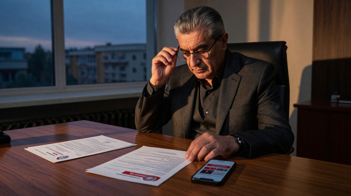 Мужчина средних лет у окна в вечерних раздумьях с телефоном в руке
